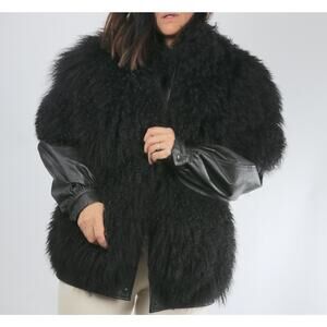 Vintage Black Mongolian Shearling Lamb Jacket Vest Boho Fur Trim Leather Size S